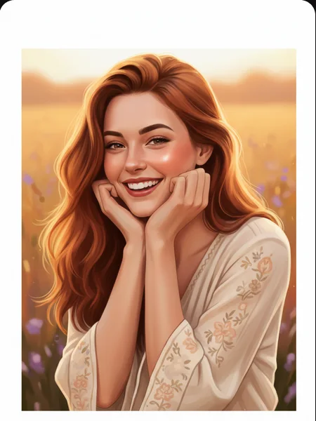 Illustration of Alma smiling in a sunlit meadow